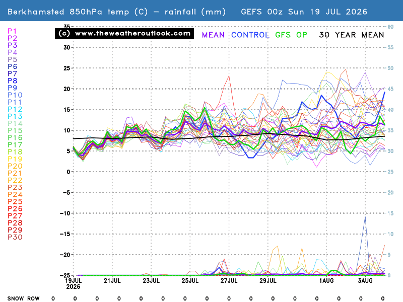 850hPa temperatures, precipitation and the snow row