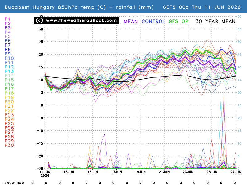 850hPa temperatures, precipitation and the snow row