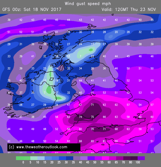 GFS00z forecast max wind gusts 12GMT Thursday 23rd November 