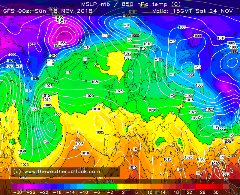 GFS 850hPa temperatures and MSLP