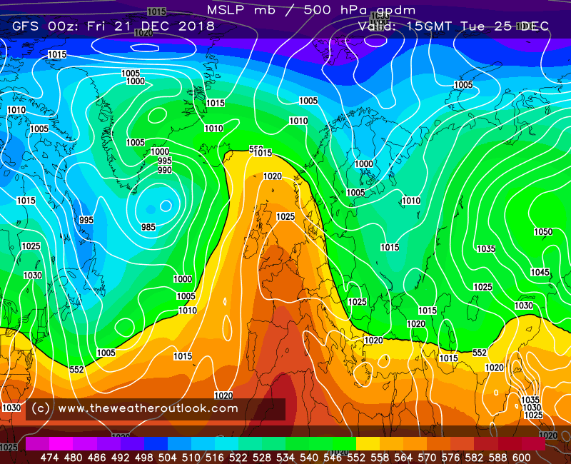 GFS forecast pressure and 500hPa, Christmas Day 2018