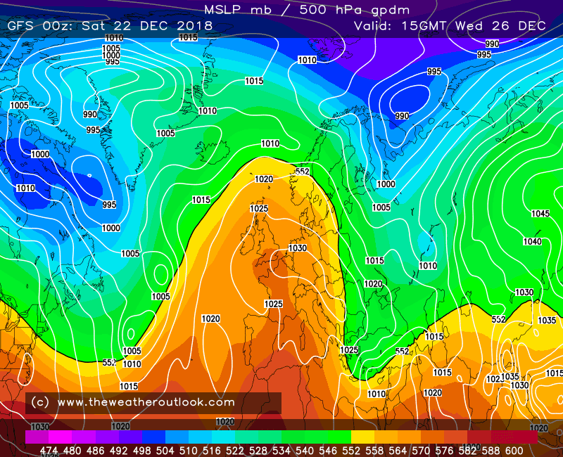 GFS forecast pressure and 500hPa, Boxing Day 2018