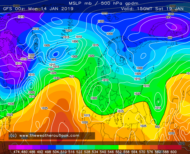 GFS forecast pressure and 500hPa heights