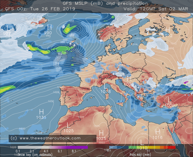 GFS forecast pressure and precipitation type for Europe 