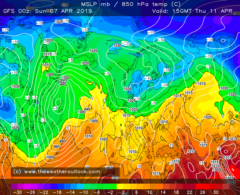 GFS forecast pressure and 850hPa temperatures