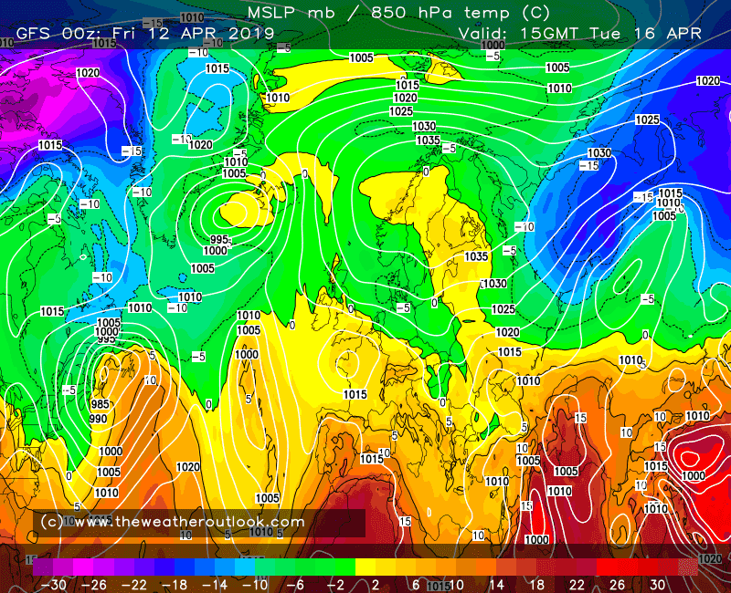 GFS forecast pressure and 850hPa temperatures