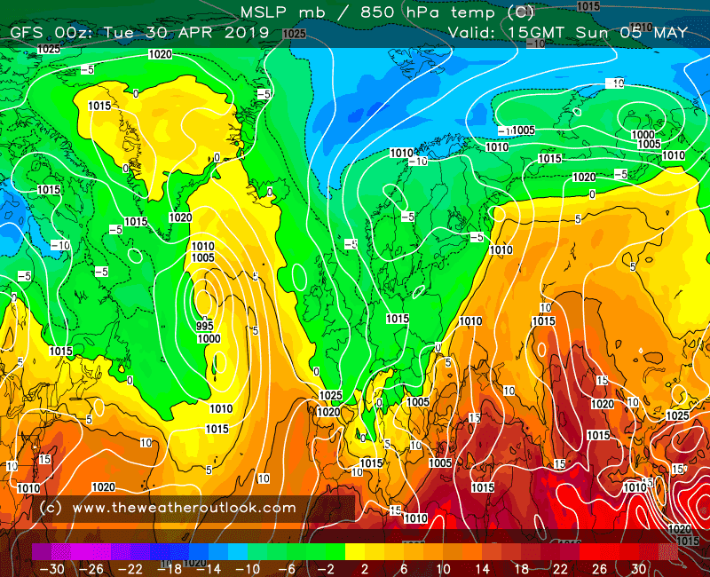 GFS forecast 850hPa temperatures and pressure