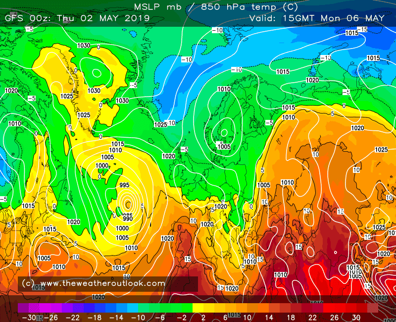 GFS forecast 850hPa temperatures and pressure