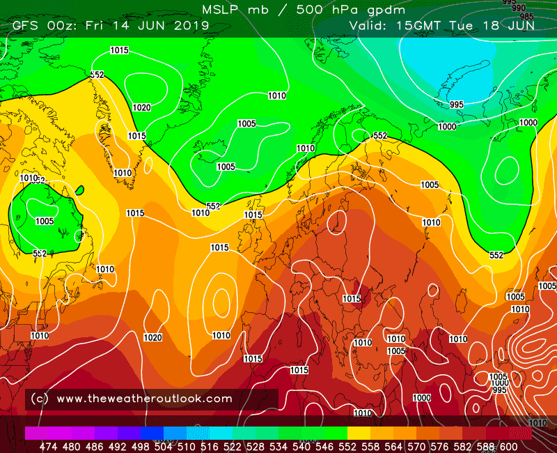 GFS forecast 500hPa heights and pressure