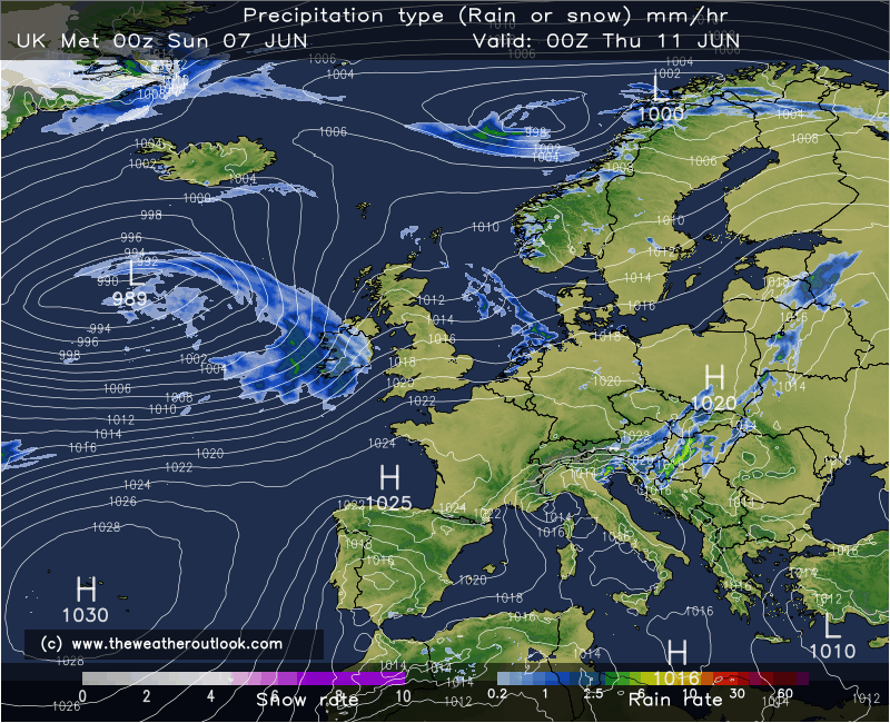 Met Office Global model pressure and precipitation forecast chart