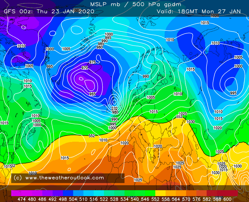GFS 00z forecast chart for 18GMT, Monday 27th January 2020