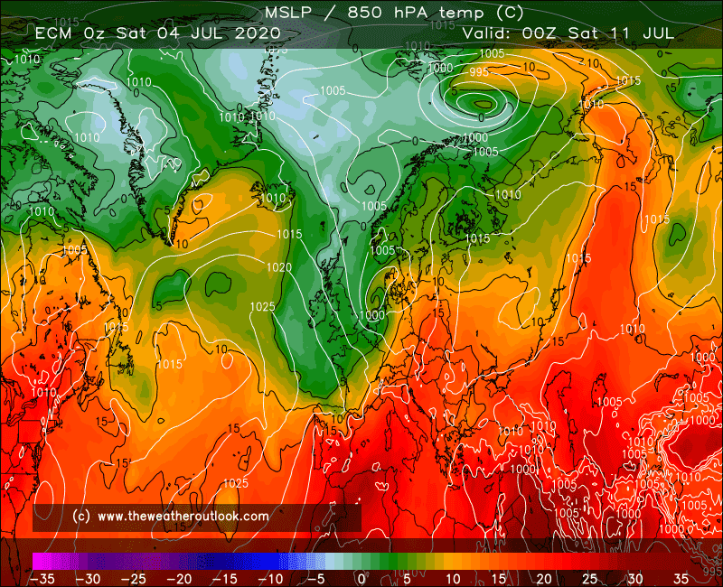 ECM 00z MSLP and 850hPa temperatures, init 4th July 2020