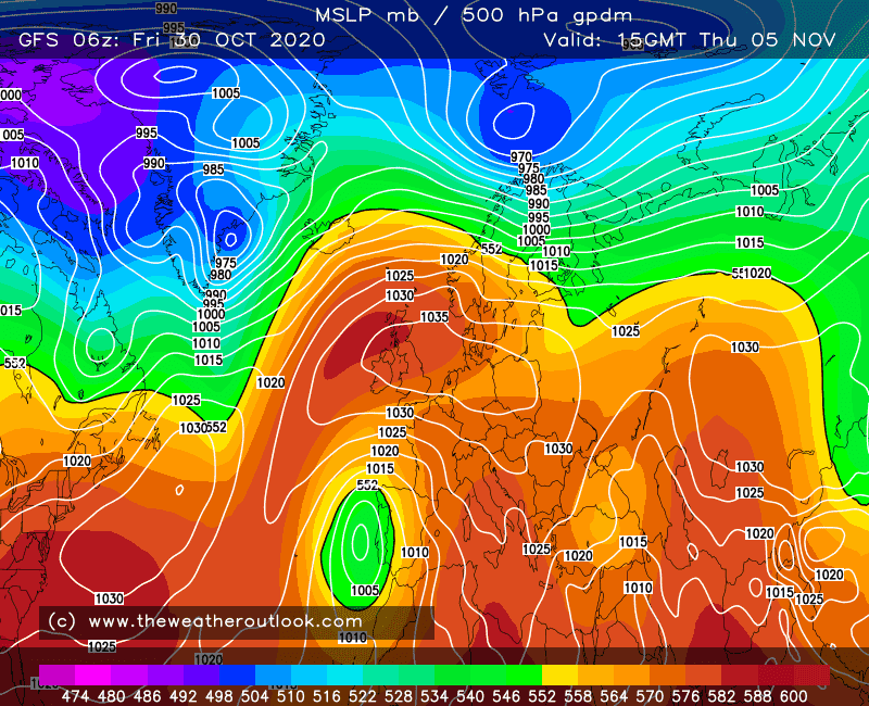 GFS 06z surface pressure and 500hPa height, init 30th October 2020