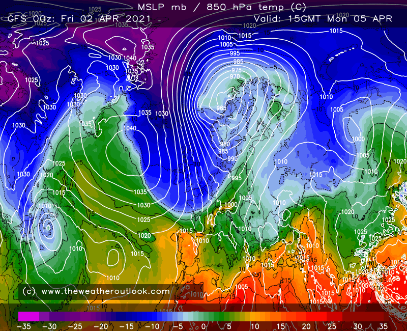 GFS 00z 850hPa temperatures Easter Monday 2021