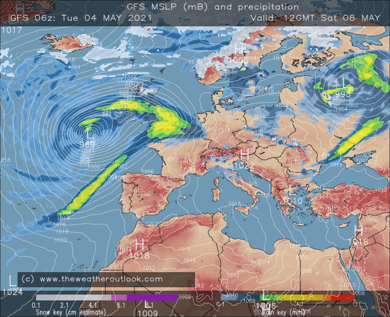 GFS 06z rain and pressure forecast for 8th May 2021