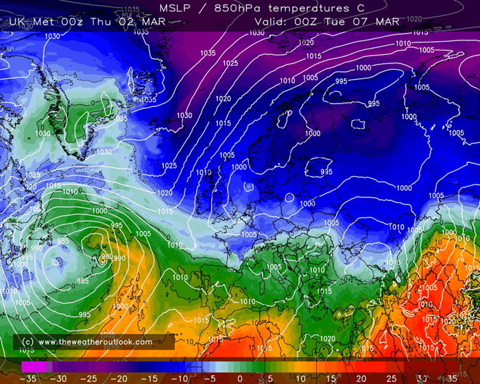 UK Met Office, Global model 850hPa temperatures, valid 7th March 2023