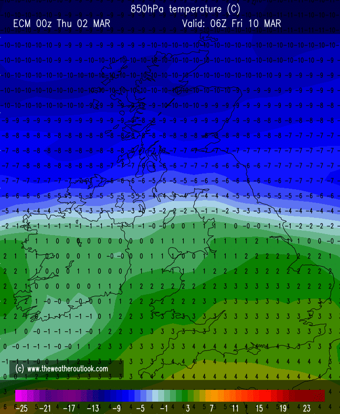 ECM 850hPa temperature chart, valid 10th March 2023