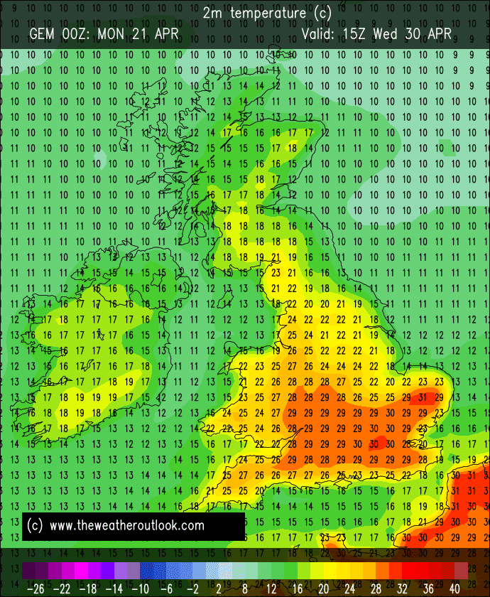 Chart showing temperatures at the 850hPa level