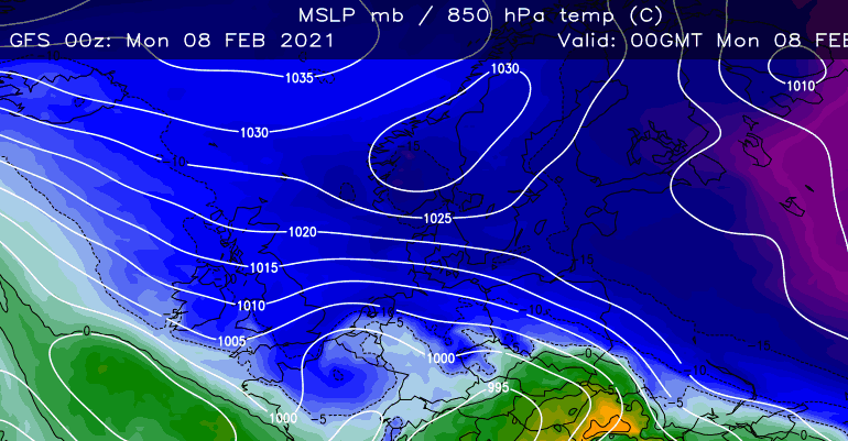 Chart showing cold upper level air over the UK in February 2021