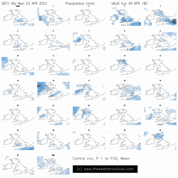 GEFS 06z precipitation forecasts for Easter Sunday 2023