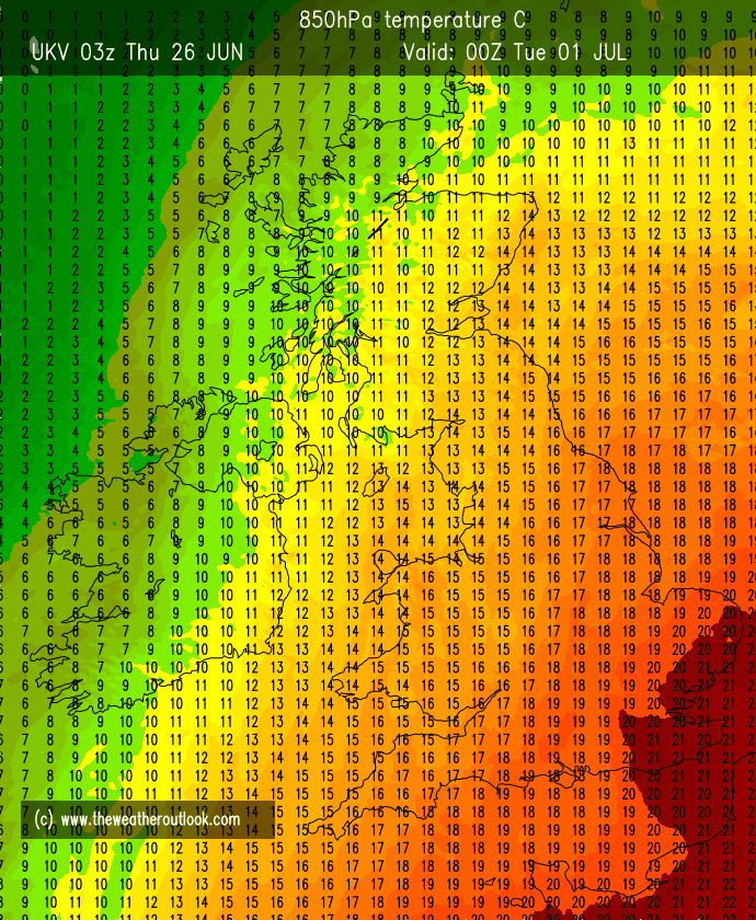 UKV 850hPa temperature forecast for 30th June