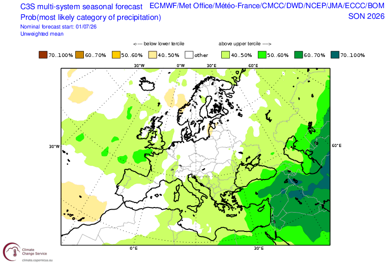 C3S most likely category of precipitation, autumn 2026