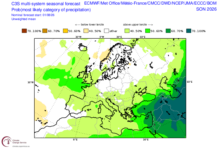 C3S most likely category of precipitation, autumn 2026