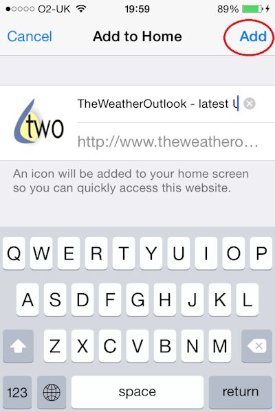 Screenshot of Safari browser on iPhone showing Add button