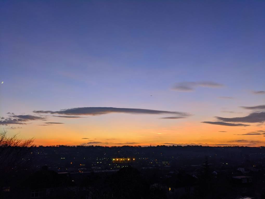 Berkhamsted, Hertfordshire, Moon, Venus and airliner  just after sunset...