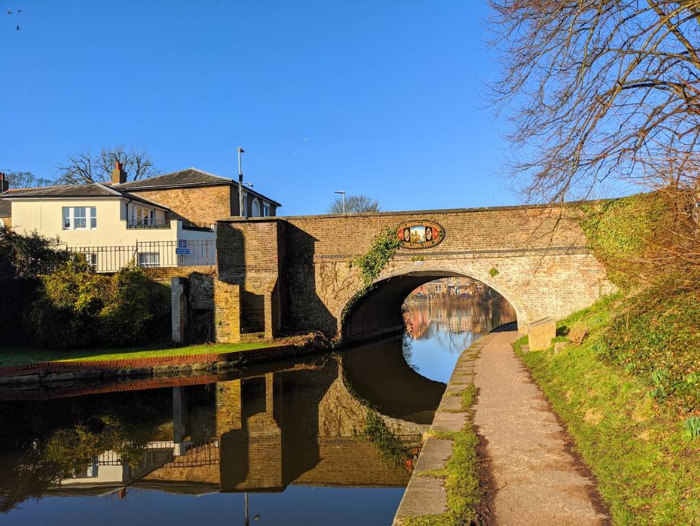 Berkhamsted, Hertfordshire, Bright blue sky over the Grand Union Canal...