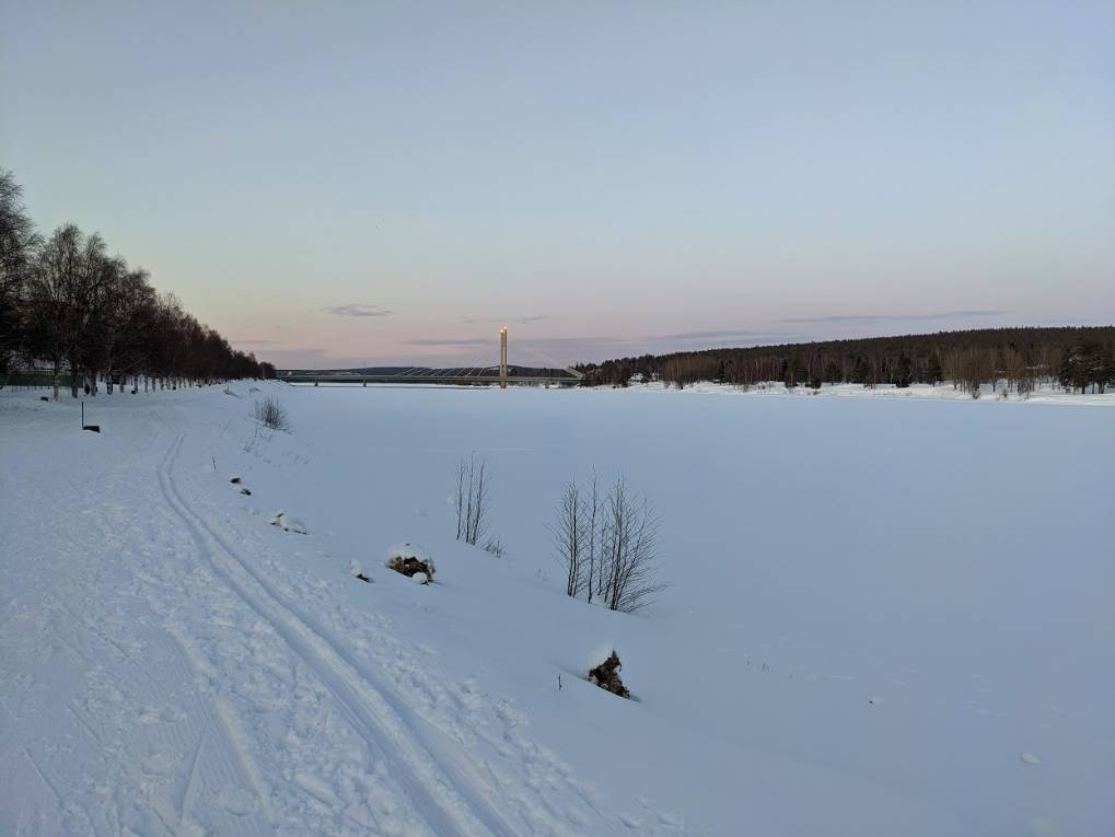 Rovaniemi, , Frozen river at the Arctic circle...