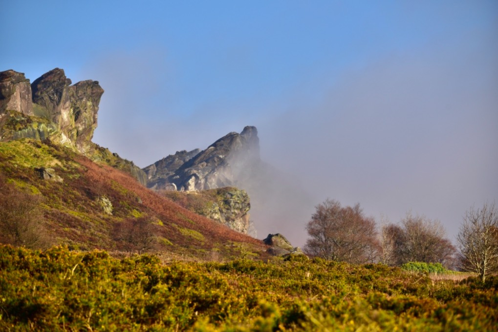 leek, staffordshire, Fog holding on at Ramshaw Rocks Today....