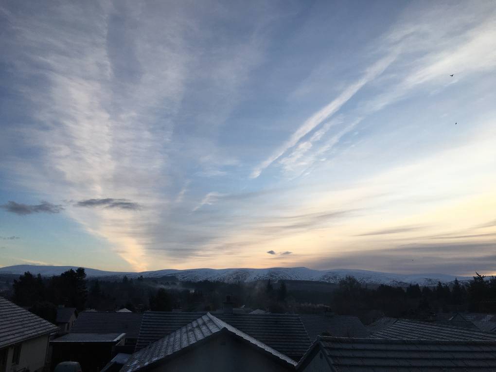 Grantown on Spey, , Blue sky this morning, snow lingering on the hills...
