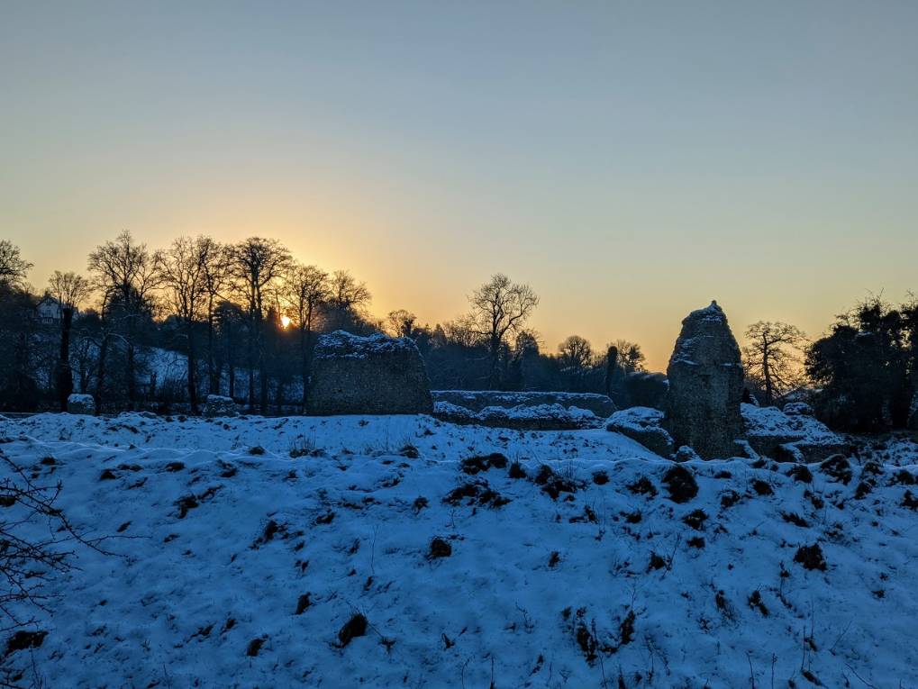 Sun rising behind Berkhamsted Castle. Posted by brian gaze