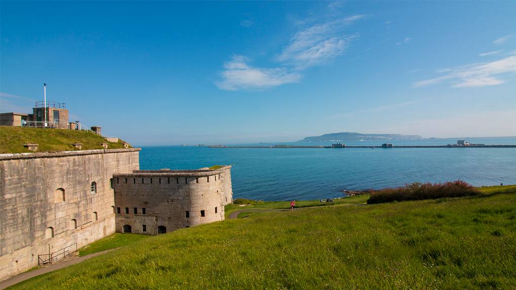 Weymouth, Dorset, Early Summers Evening View from Nothe Fort towards Isle of Portland...