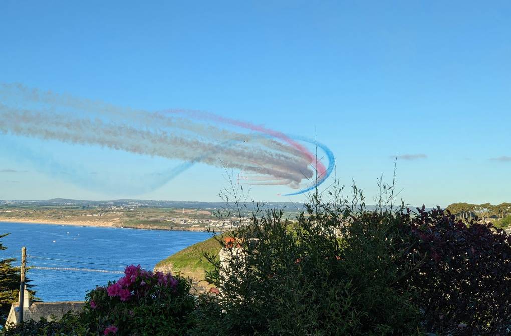 Carbis Bay, Cornwall, The Red Arrows over Carbis Bay on 12th June 2021. ...