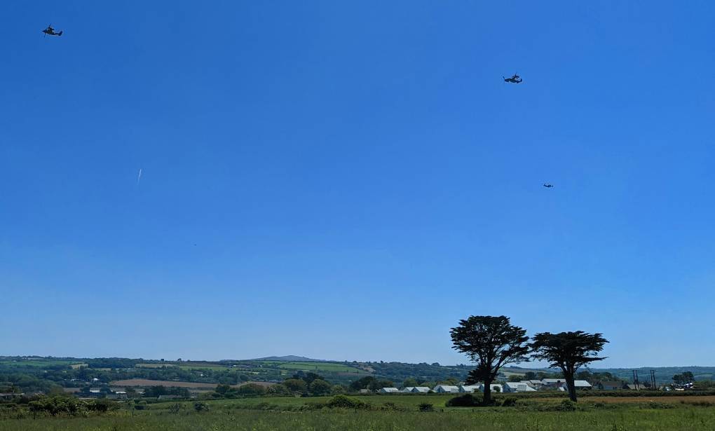 Carbis Bay, Cornwall, Osprey aircraft in the blue sky above Carbis Bay...