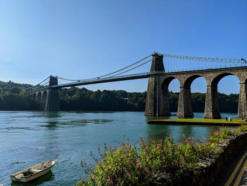 Menai Strait, , Menai Suspension Bridge between the island of Anglesey and the mainland of ...