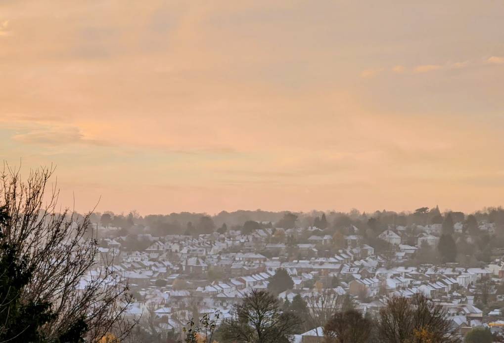 A sprinkling of snow providing a wintry view across the Bulbourne valley Berkhamsted, Herts,, sent by brian gaze