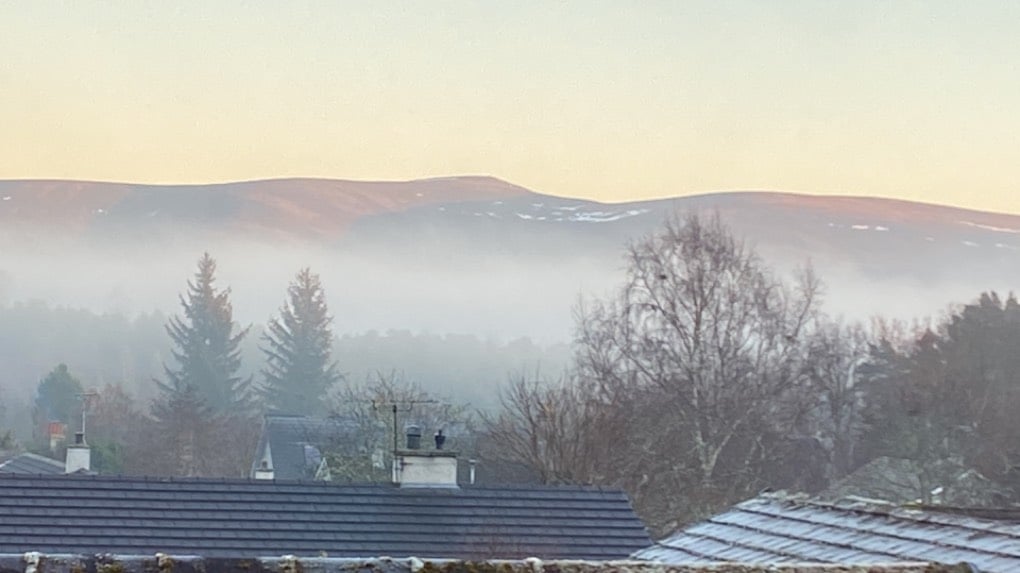 Mist lifted for about an hour today and now it���s settling again. Grantown on Spey, Scottish Highlands,, sent by dizzy daff