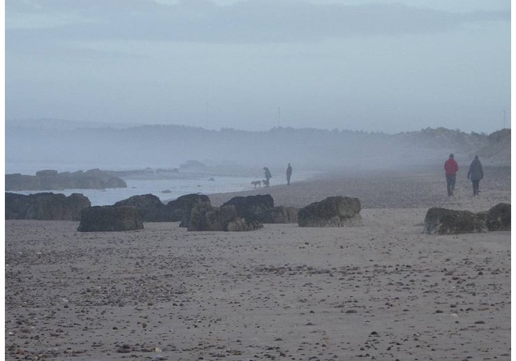 Sea mist, beach at Findhorn, 4 Feb 20. Posted by slowoldgit