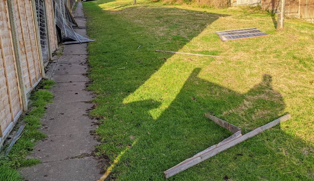Berkhamsted, Herts, Fencing blown down by Storm Eunice...