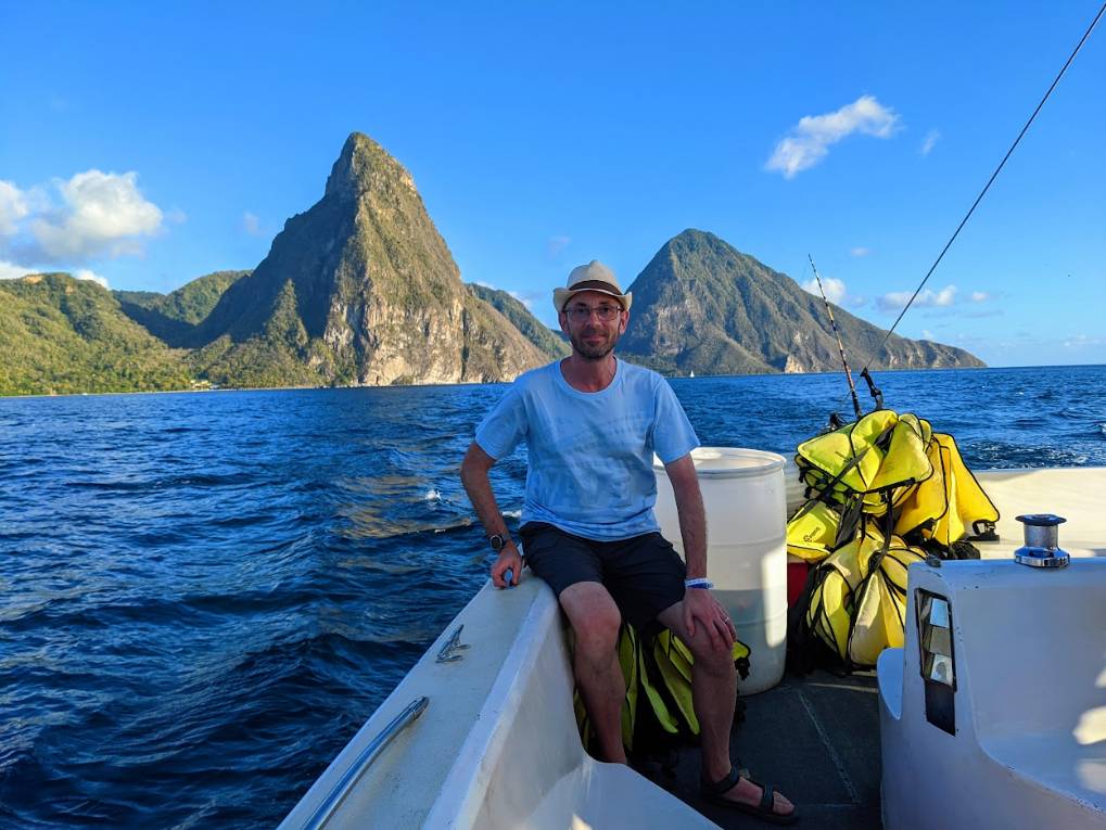Pitons, , TWO owner Brian Gaze with Petit Piton and Gros Piton in the background...