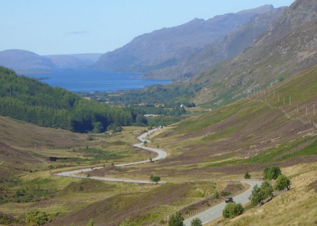Gairloch, Wester Ross, From viewpoint on the pass, looking NW down Glen Docherty towards Loch Mare...