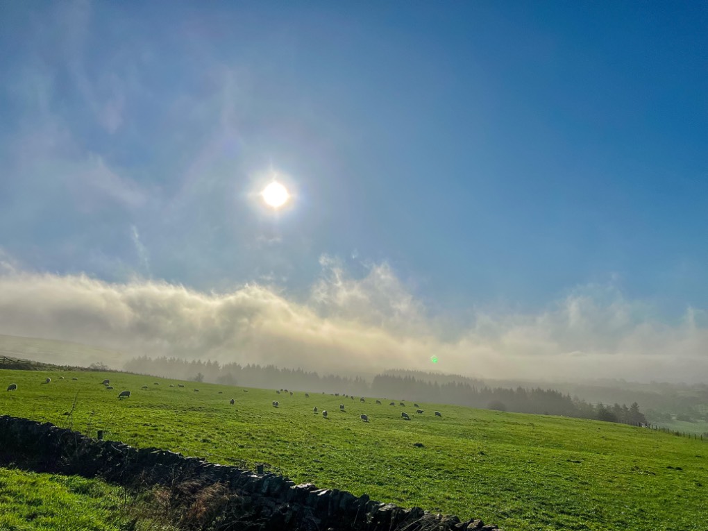 leek, staffordshire, Blue skies below foggy low cloud on the tops....