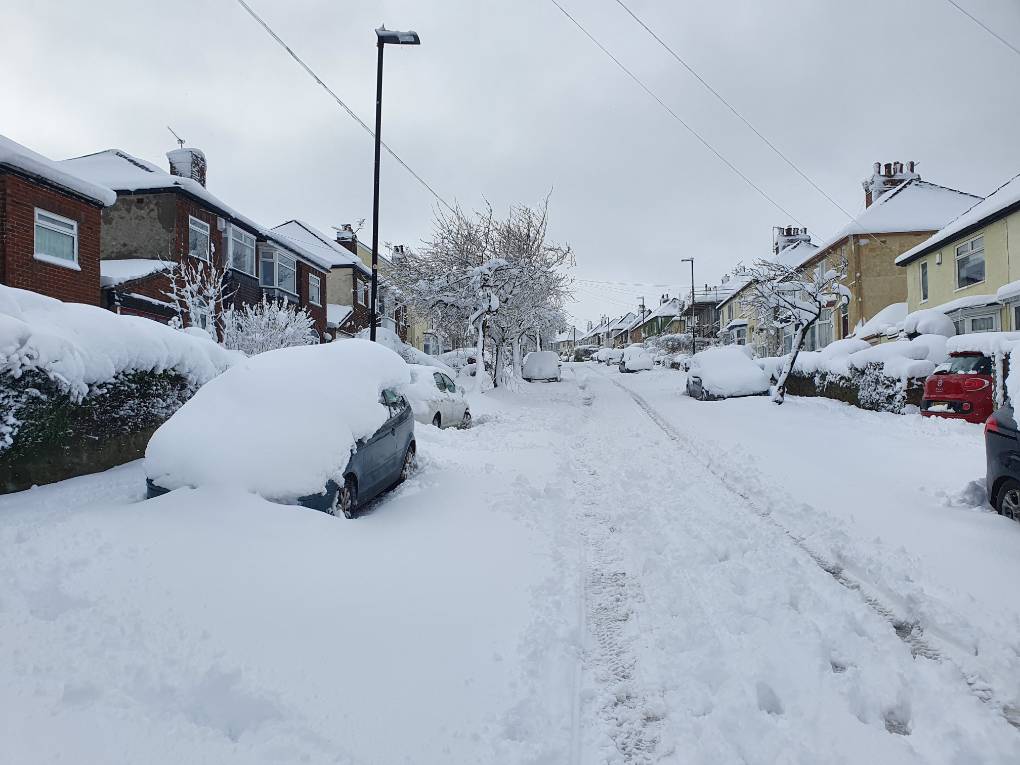 Sheffield, , Snowy Sheffield street...