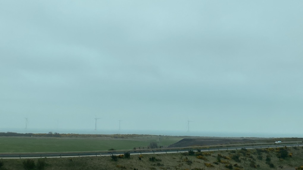 Balmedie wind turbines hardly visible because of the sea haar Aberdeen, Aberdeenshire,Scotland, sent by Dizzy Daff