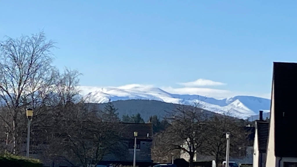 Grantown on Spey, Highlands, Fresh snow on the Cairngorms on 16 March 2024...