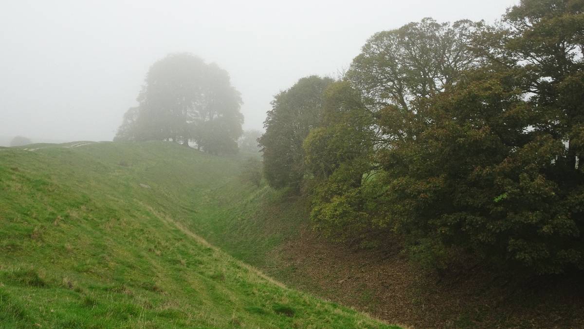 Devizes, Wilts, Autumn: leaves changing colour, gloomy day with low cloud - outer ditch & b...