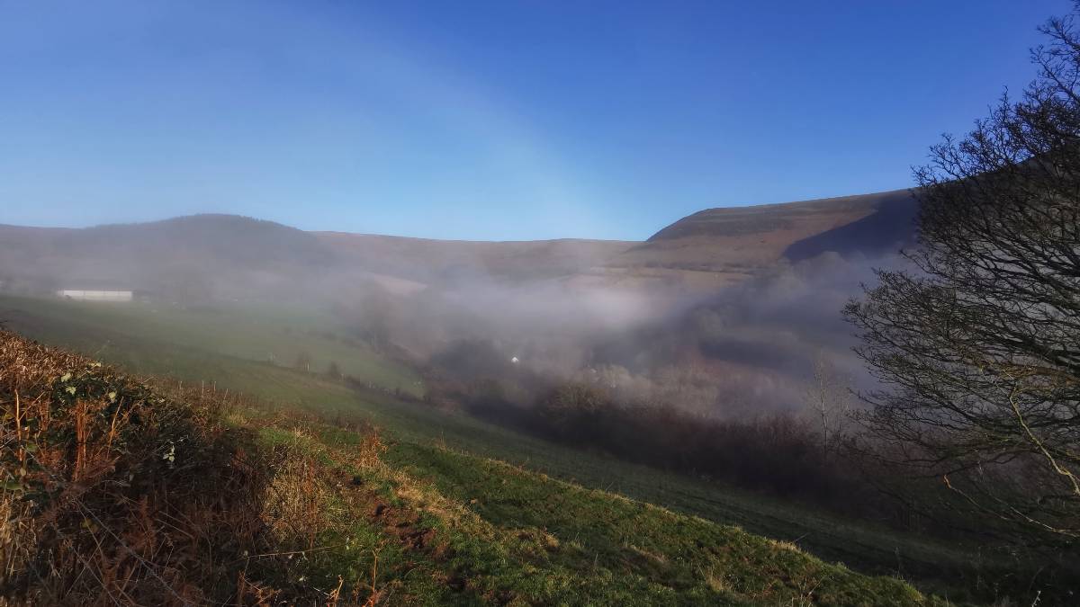 Cruckhowell, Powys, A fogbow in the Grwyne Fach valley. ...